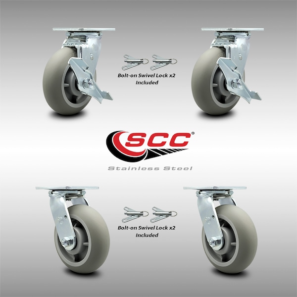Service Caster 6 Inch SS Thermoplastic Caster Set with Roller Bearing 4 Swivel Lock 2 Brake SCC SCC-SS30S620-TPRRD-TLB-BSL-2-BSL-2 - main